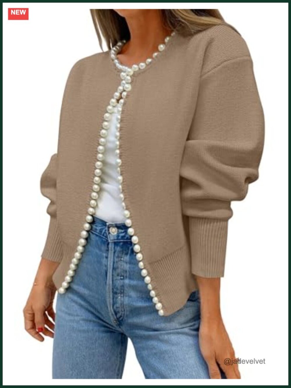 Pearls Trim Open Front Cardigan Sweater Knit Long Sleeve